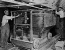 Workers weighing meal into mash tubs